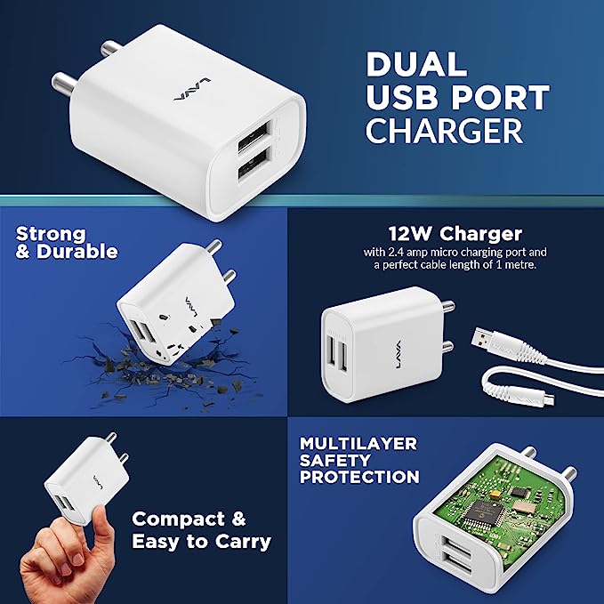Elements by Lava - CH5 Charger, 12 W Fast Charging, Dual Port, Supports 2.4 A, Charger Holding Slot, Free Micro USB Cable 1 Meter Included - White Elements by Lava - CH5 Charger, 12 W Fast Charging, Dual Port, Supports 2.4 A, Charger Holding Slot, Free Micro USB Cable 1 Meter Included - White